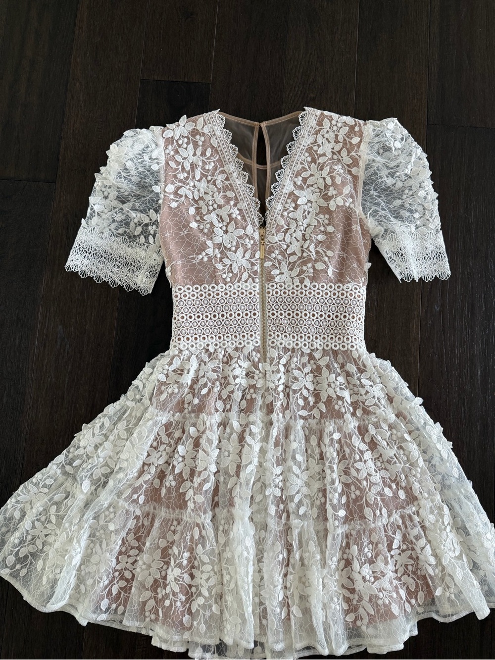 Bronx and Banco White Floral Lace Deep V Mini Dress - Picture 6 of 7